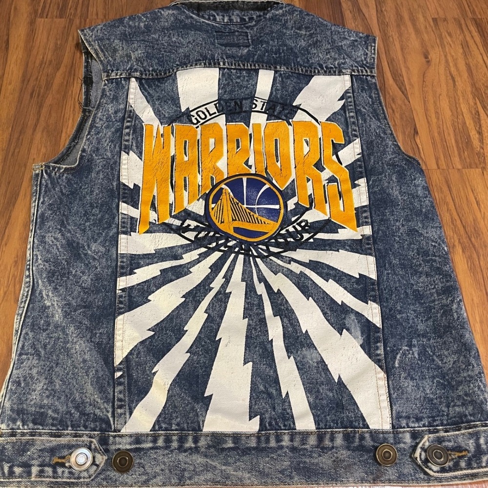 NBA Golden State Warriors Acid Wash Denim Vest Patches Graphic Mens Medium